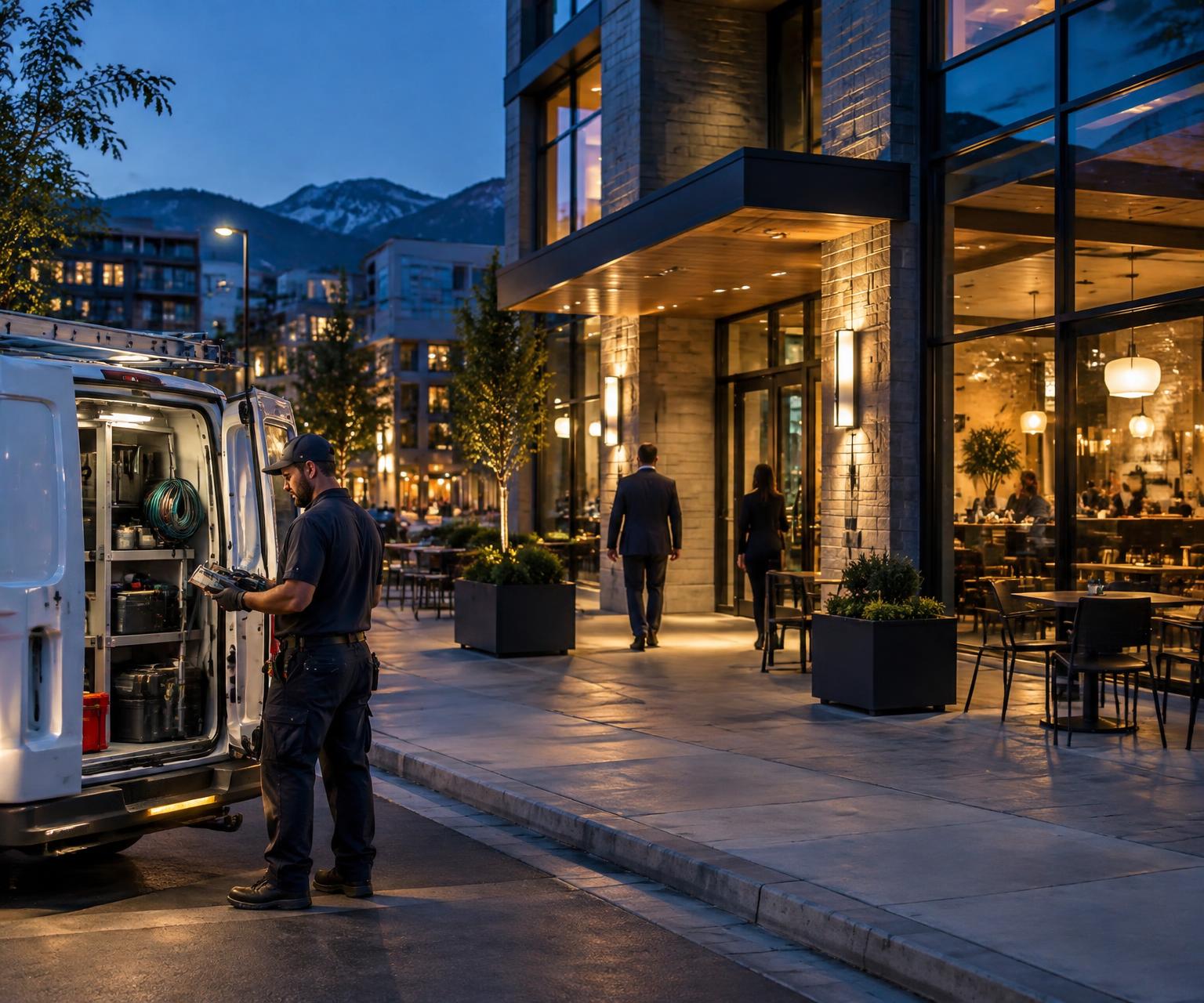 A home-services professional working beside offices and hospitality businesses in a growing regional market