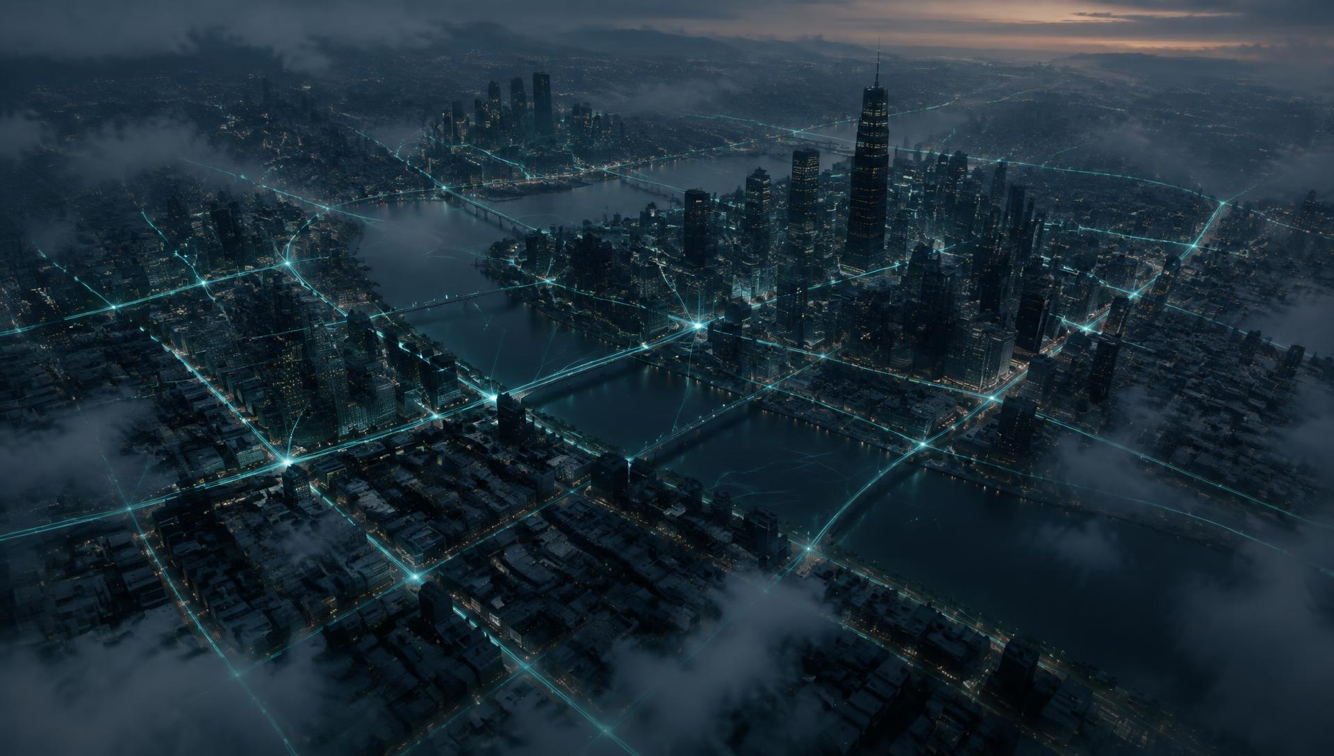 An aerial view of a city market at dusk with glowing connection paths