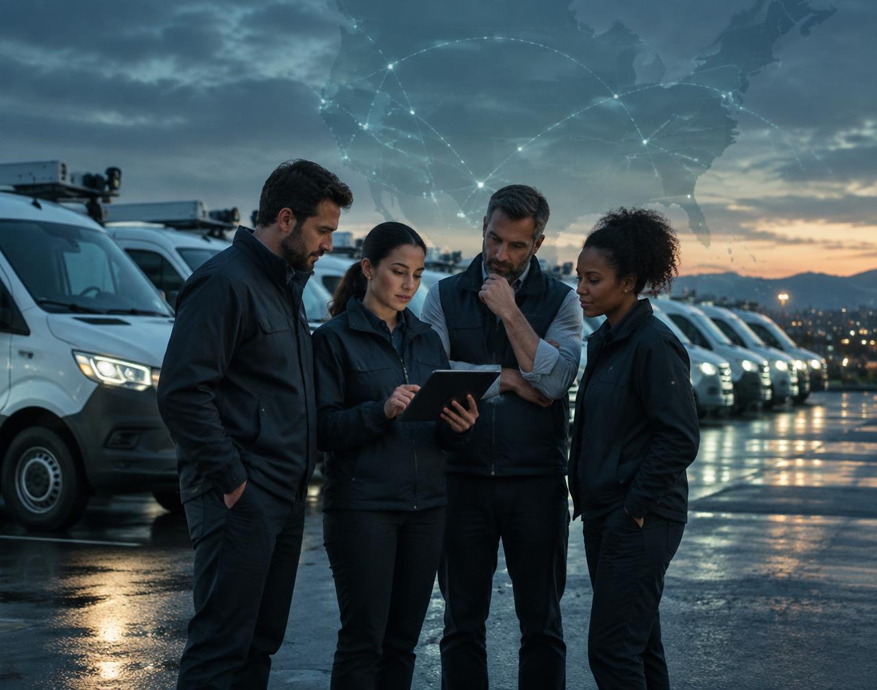A multi-location service team planning market coverage together at dusk