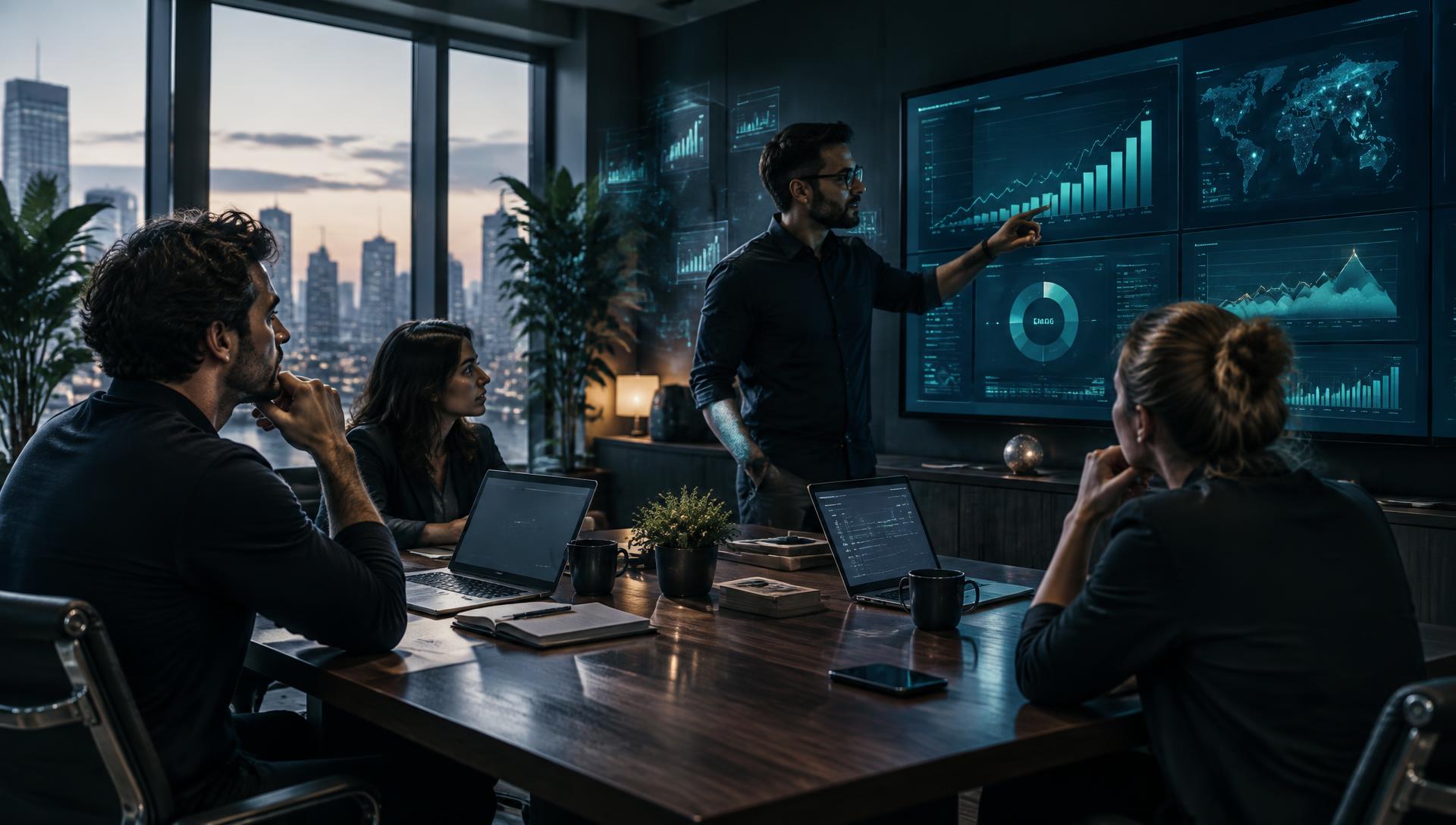 A growth operations team reviewing market dashboards during a system configuration session